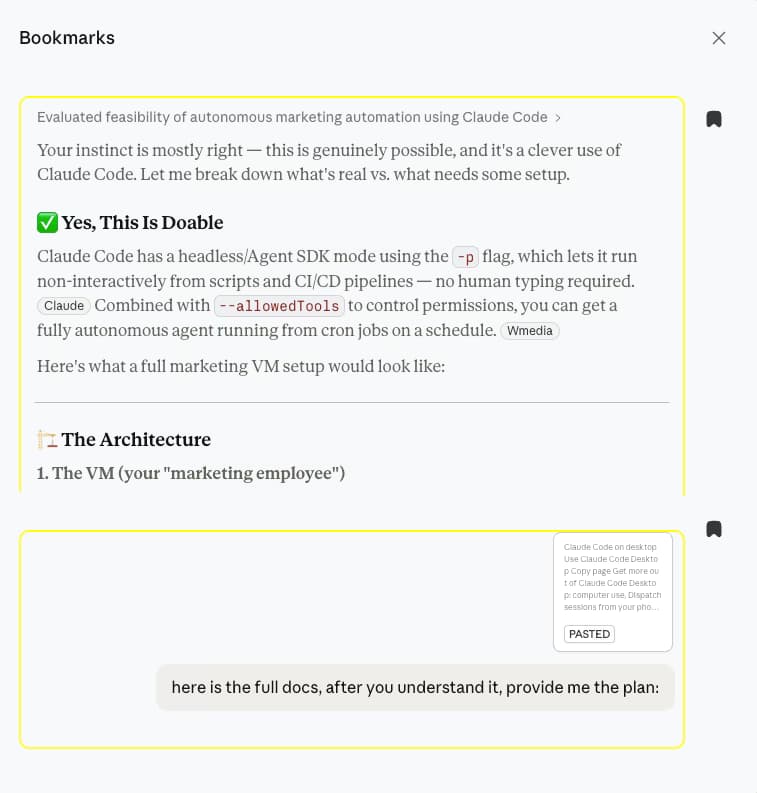 AI Toolbox Bookmarks panel on Claude listing two saved messages from a Claude Code feasibility conversation