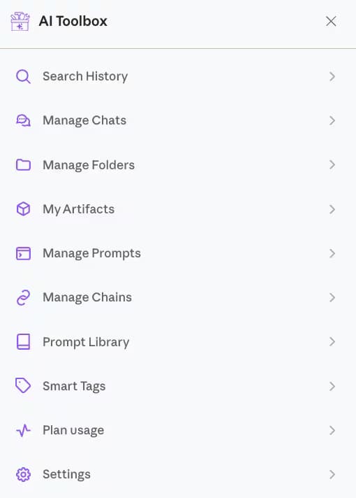 The AI Toolbox menu on claude.ai listing Search History, Manage Chats, Manage Folders, My Artifacts, Manage Prompts, Manage Chains, Prompt Library, Smart Tags, Plan usage and Settings