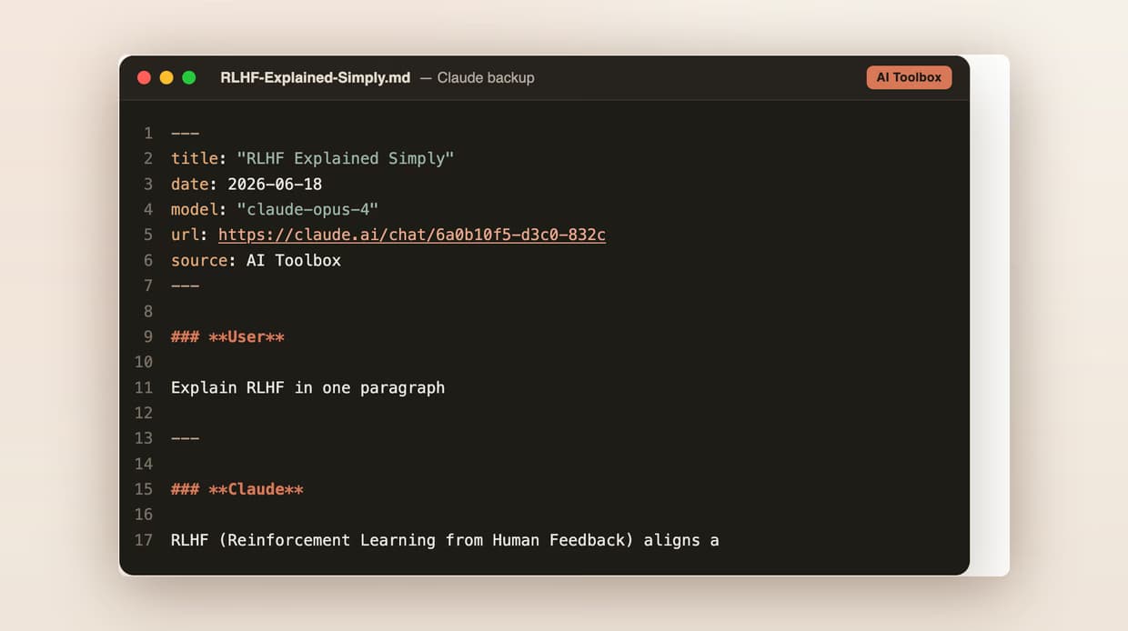 An exported Claude conversation as RLHF-Explained-Simply.md showing a YAML frontmatter block with title, date, model, url and source, then User and Claude message headings