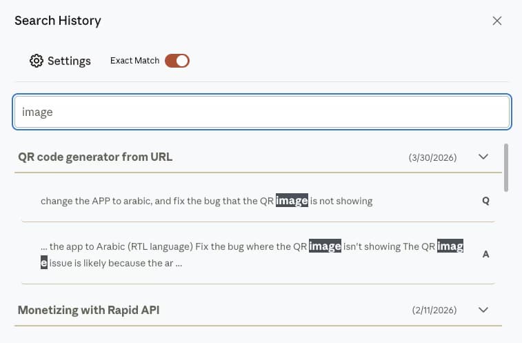 Claude Toolbox full-text search popup on claude.ai with exact match toggle