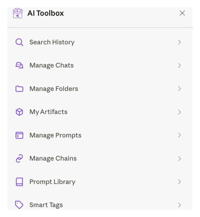 AI Toolbox launcher on claude.ai listing Search History, Manage Chats, Manage Folders, My Artifacts, Manage Prompts, Manage Chains, Prompt Library and Smart Tags