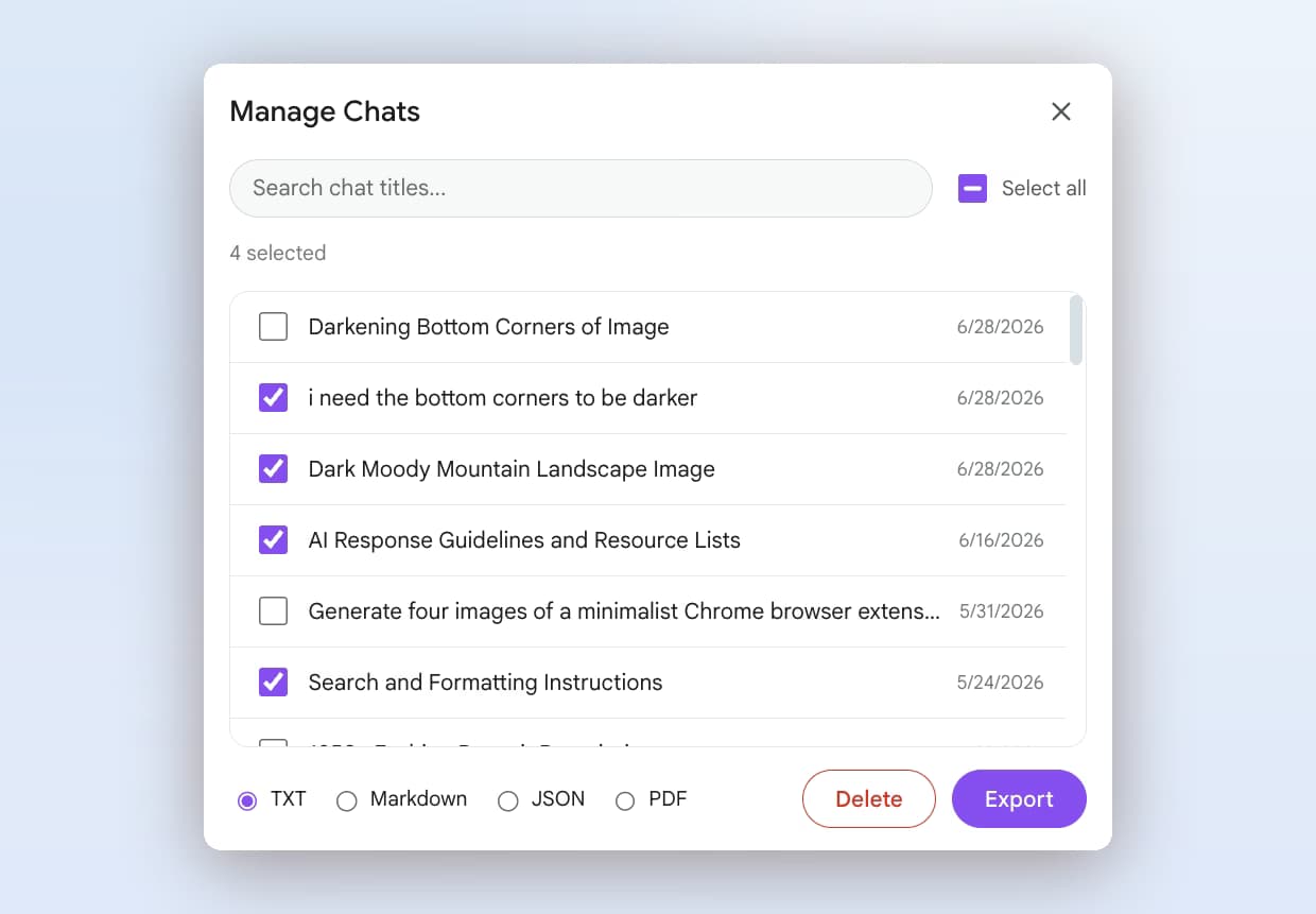 AI Toolbox Manage Chats on Gemini with four conversations selected and TXT, Markdown, JSON and PDF format options above Delete and Export buttons