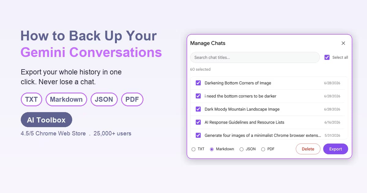 AI Toolbox Manage Chats on Gemini with Select all and a format selector to back up the whole history