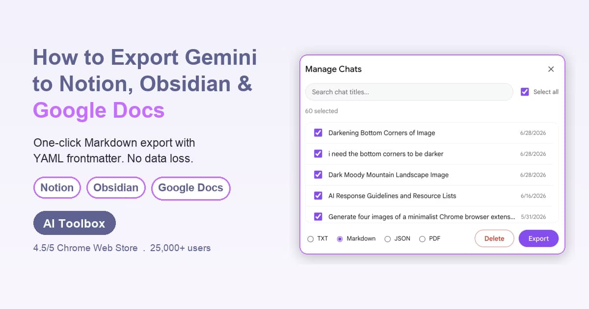 AI Toolbox Markdown export of a Gemini conversation opened in Obsidian with YAML frontmatter