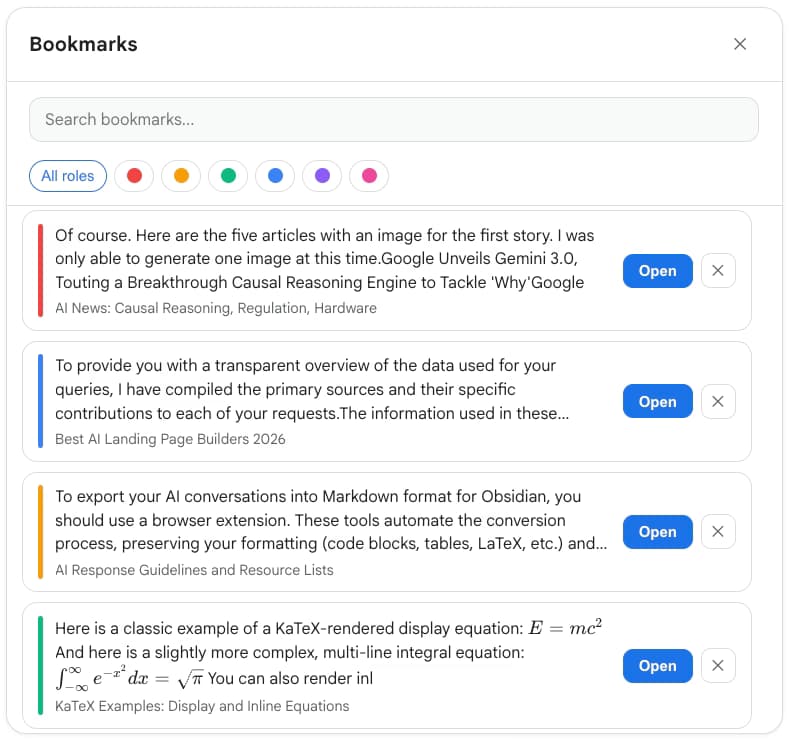 AI Toolbox Bookmarks panel on Gemini with a search box and six colour label filters, listing four saved answers with their conversation titles