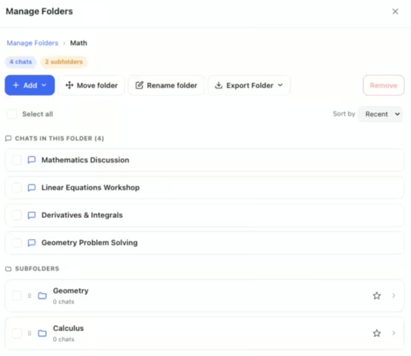 AI Toolbox Manage Folders on Gemini showing a Math folder with four chats and Geometry and Calculus subfolders, with Add, Move, Rename and Delete controls