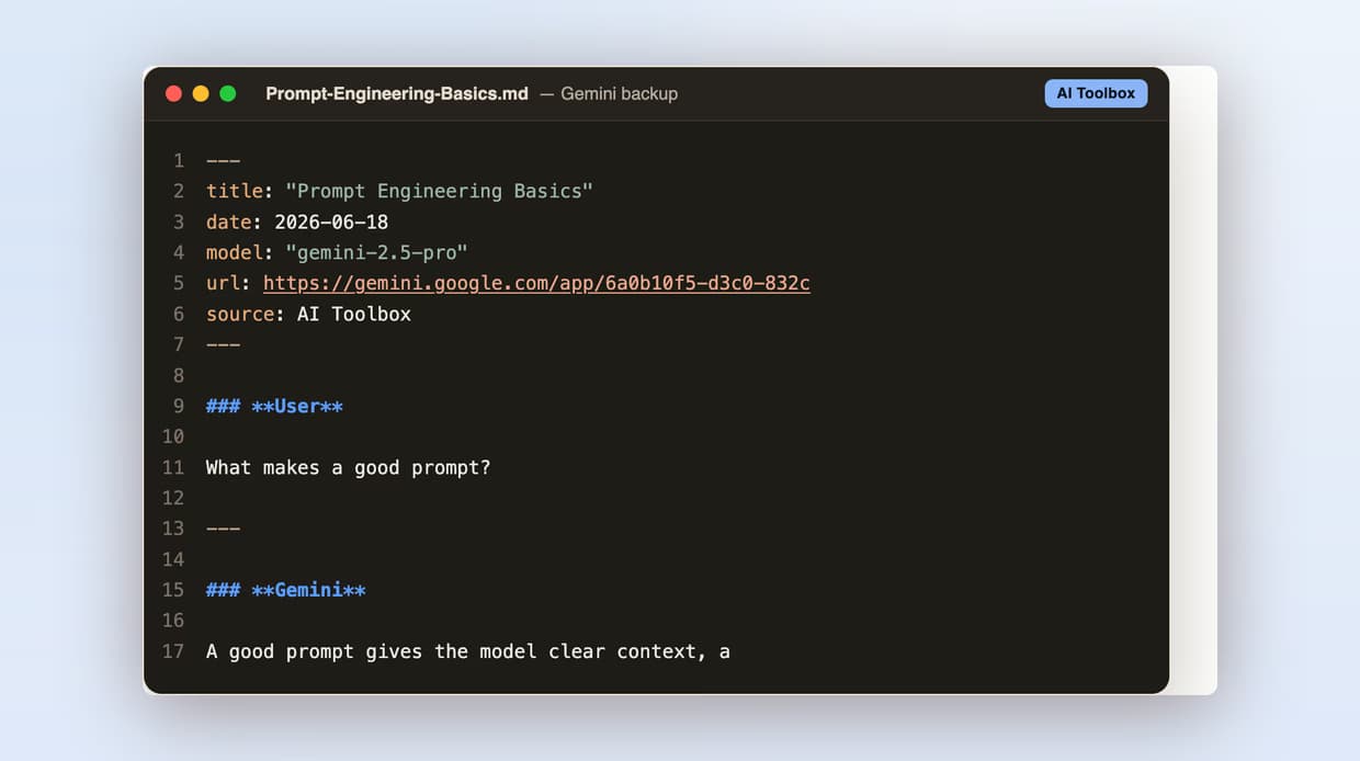 An exported Gemini conversation as Markdown, opening with a YAML frontmatter block of title, date, model, url and source, then User and Gemini headings