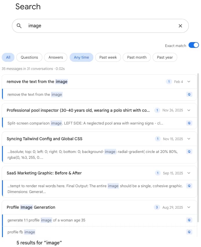 Gemini Toolbox search popup with date range, role, and exact match filter controls