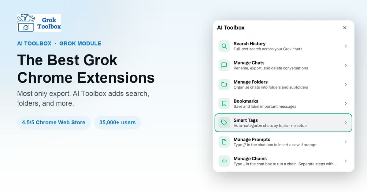 AI Toolbox comparison of the best Grok Chrome extensions in 2026 for search, organization, and export
