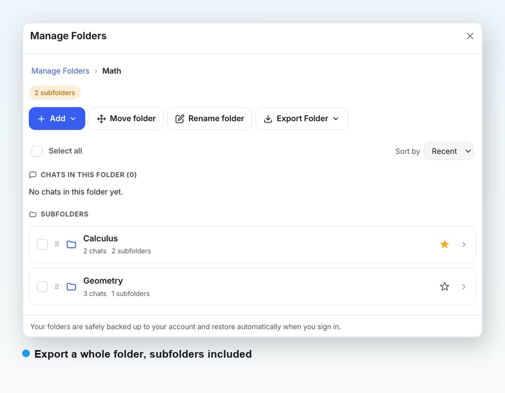 AI Toolbox folder view on Grok with Calculus and Geometry subfolders under a Math course folder