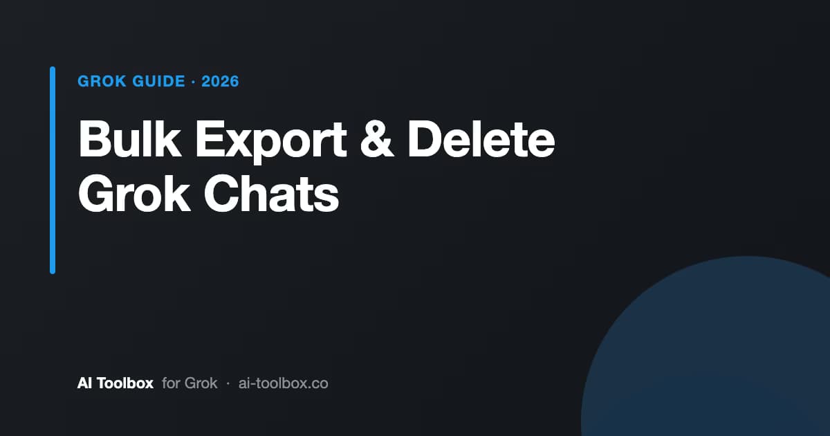 AI Toolbox Manage Chats panel on Grok with multiple conversations selected and TXT, Markdown, JSON, and PDF export options