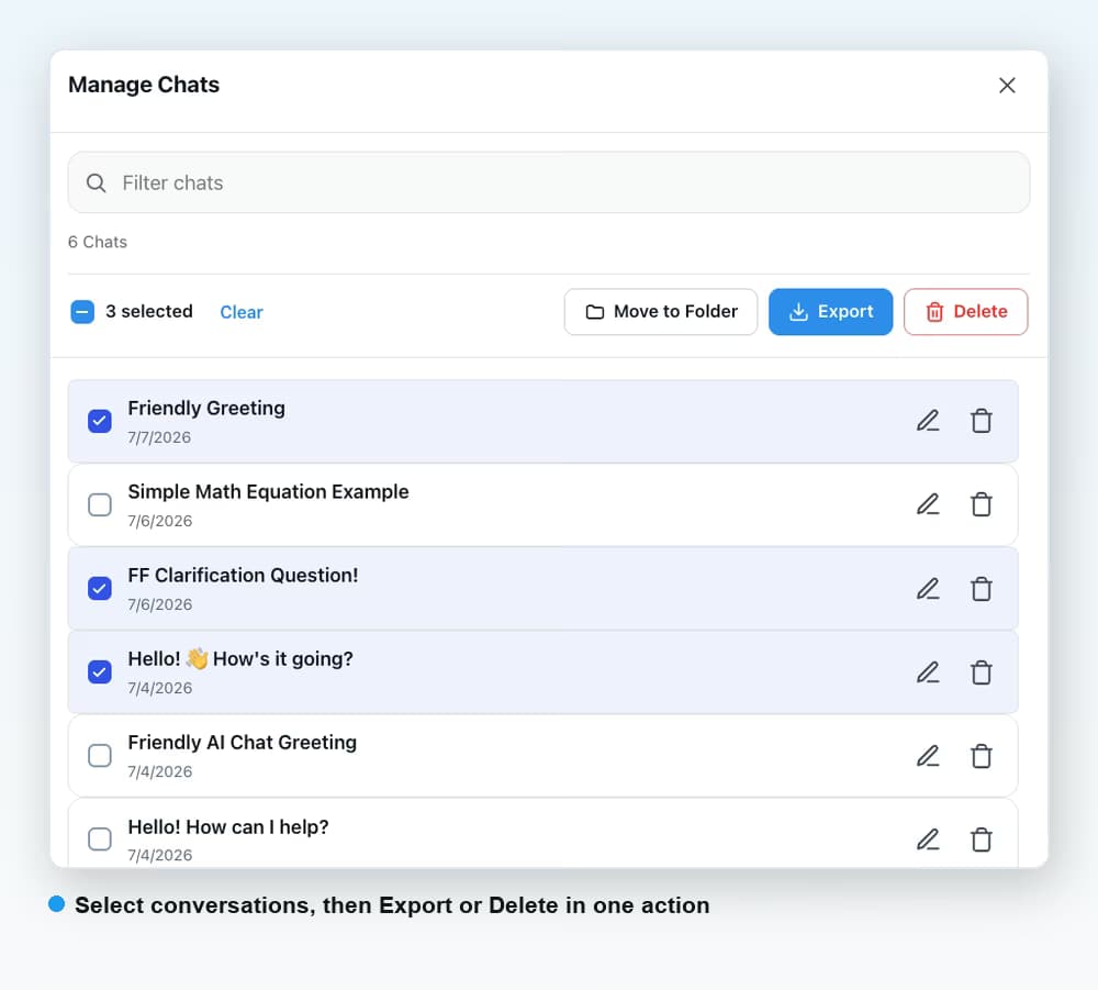 AI Toolbox Manage Chats on Grok with three of six conversations selected and Move to Folder, Export and Delete buttons above the list