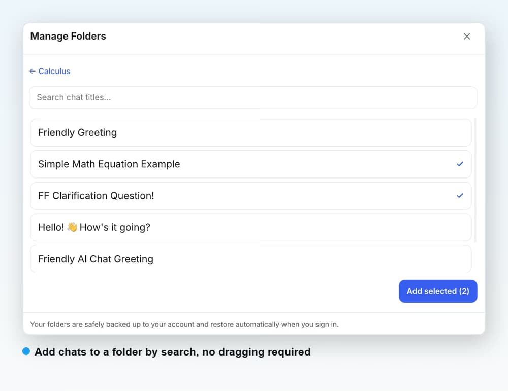 Adding chats to the Calculus folder on Grok: a Search chat titles box, five conversations listed with two ticked, and an Add selected (2) button