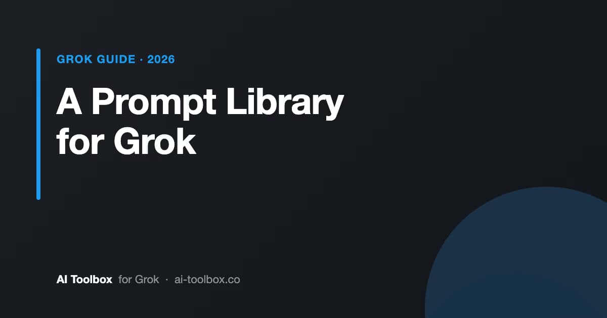 AI Toolbox prompt library on Grok with categorized expert prompts, search, and a prompt detail panel