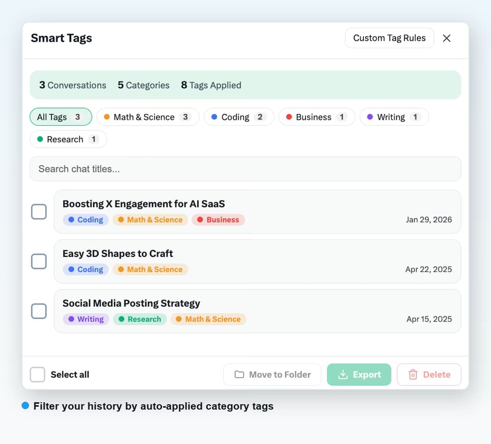 AI Toolbox Smart Tags on Grok labeling research conversations by topic into color-coded categories
