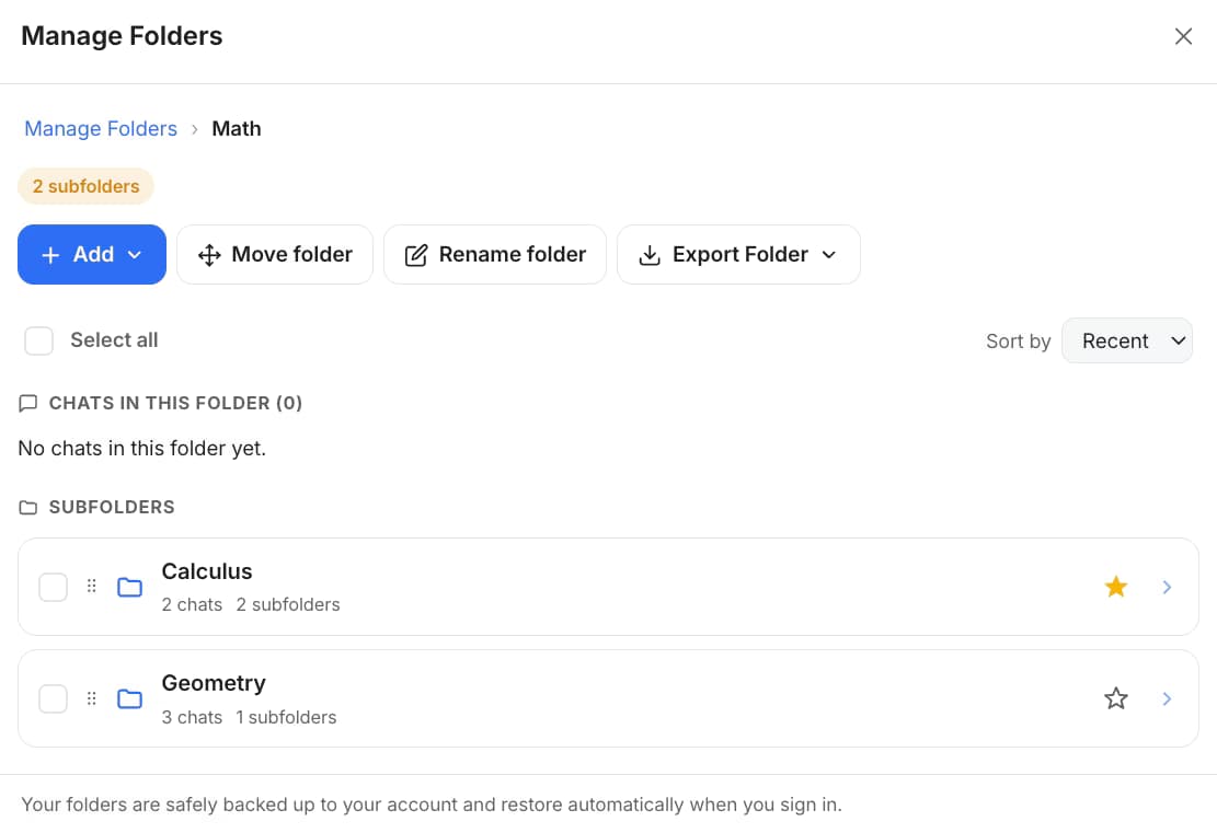 AI Toolbox nested folder tree inside the grok.com sidebar with subfolders and count pills