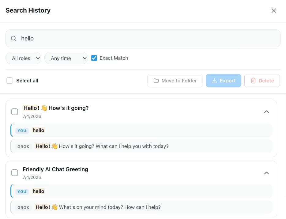 AI Toolbox full-text search on Grok finding a conversation by message content with exact match