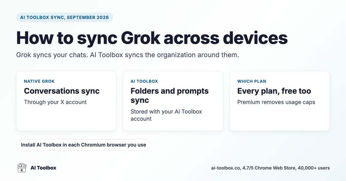 AI Toolbox syncing folders, prompts, and bookmarks for Grok across a laptop and a desktop