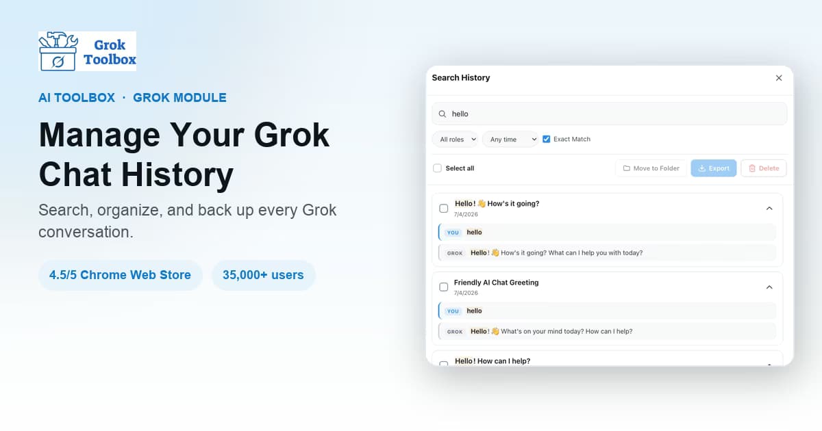 AI Toolbox guide to managing Grok chat history with search, folders, Smart Tags, and export