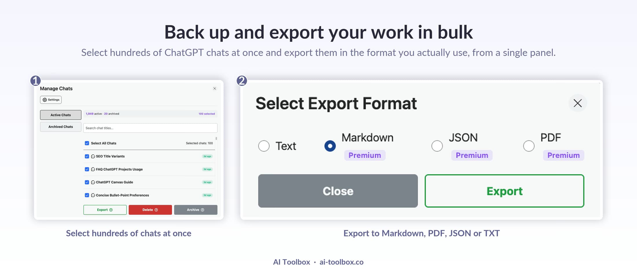 AI Toolbox bulk export inside ChatGPT: select hundreds of chats in the Manage Chats panel and export them to Text, Markdown, JSON, or PDF