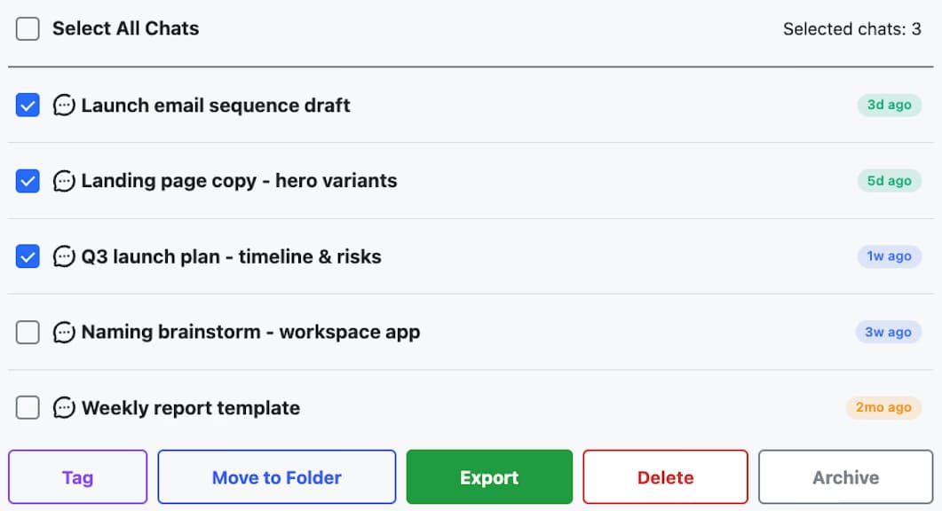 Bulk select and export dashboard for ChatGPT conversations