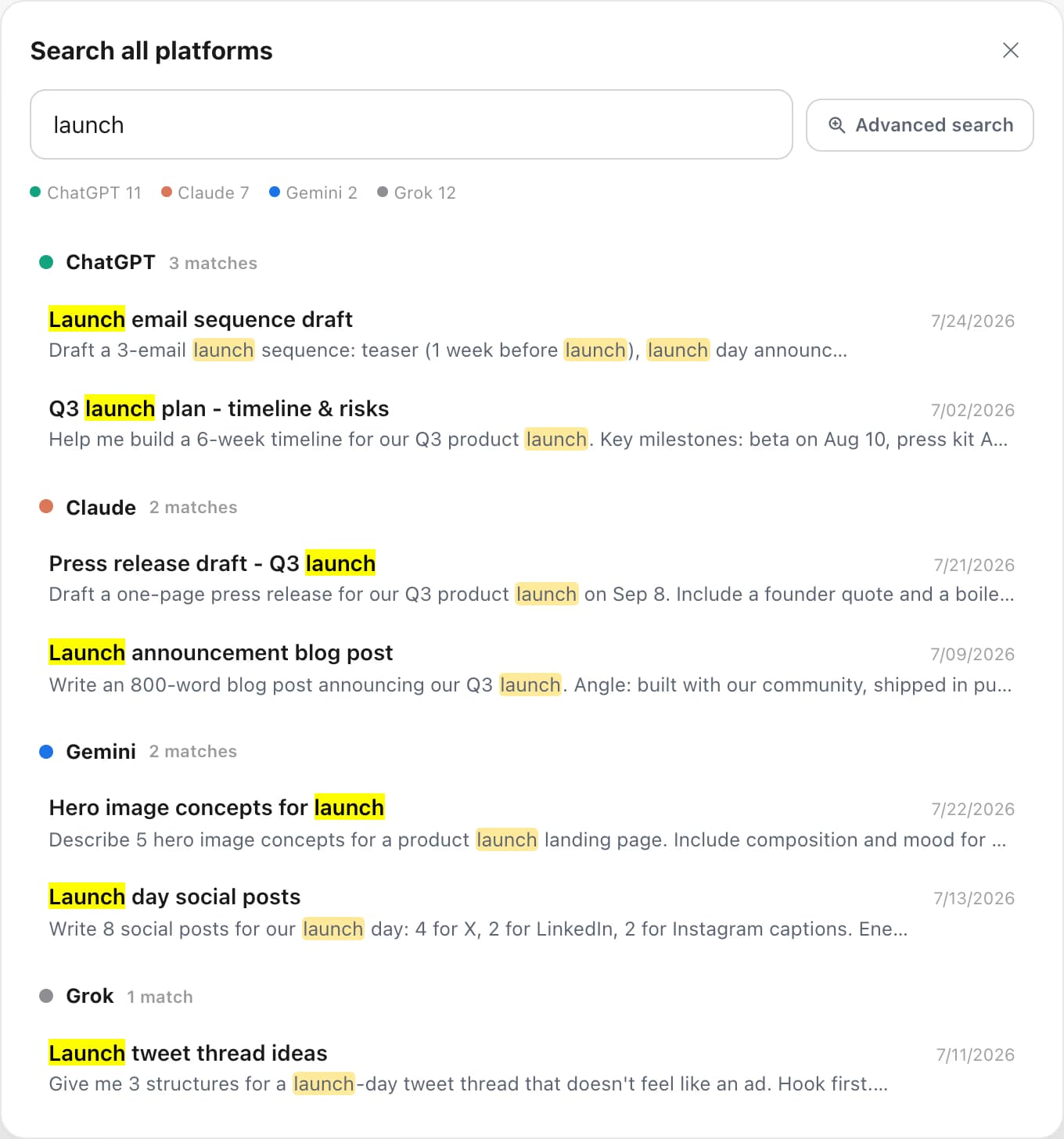 Cross-platform search results grouped by ChatGPT, Claude, Gemini, and Grok