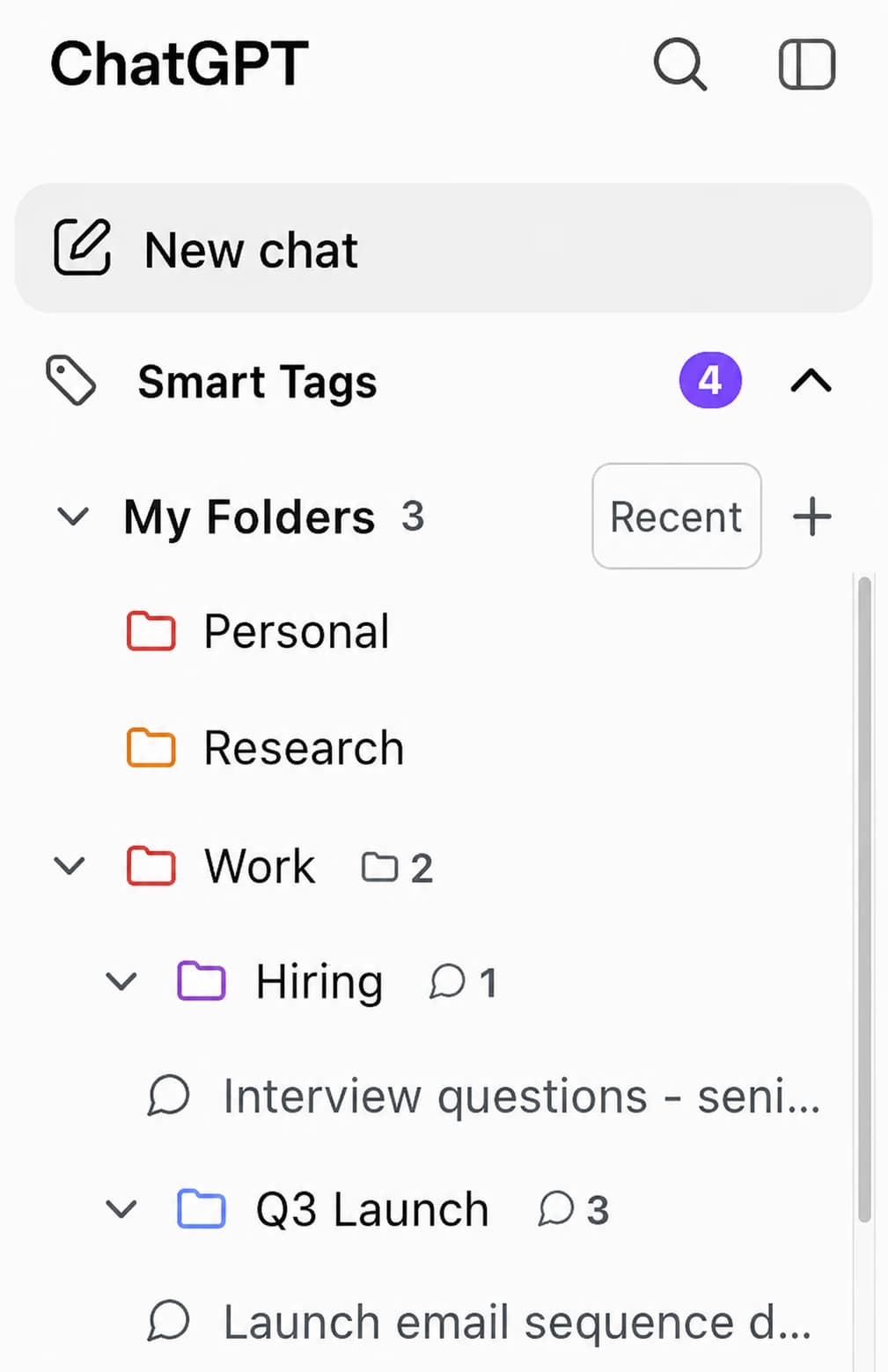 AI Toolbox folder tree with nested subfolders inside the ChatGPT sidebar