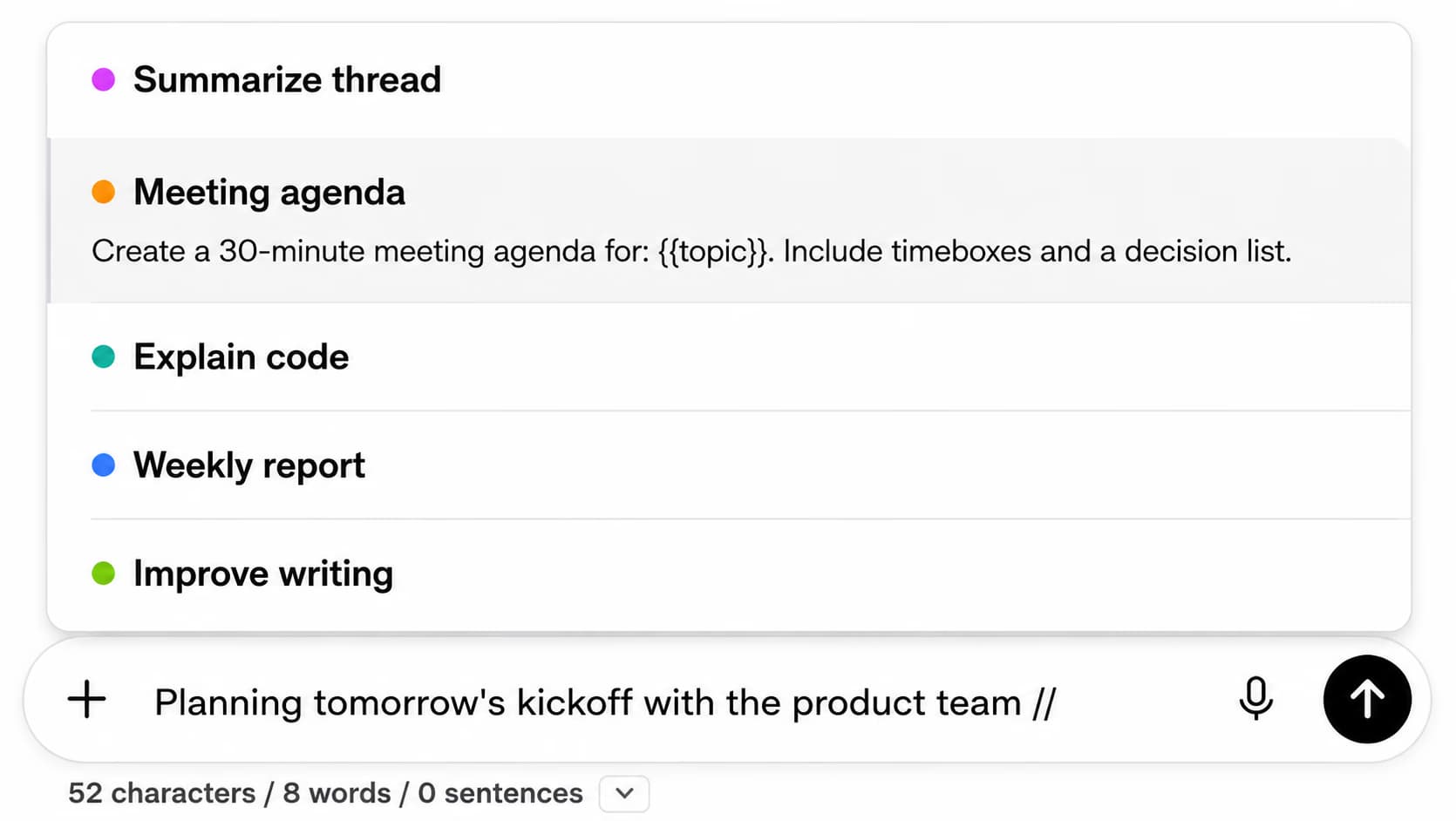 Inserting a saved prompt by typing // in the compose box