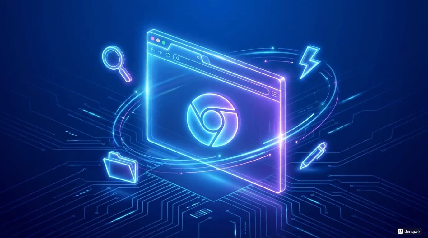 A sleek, futuristic digital workspace illustration showing a glowing Chrome browser window in the center. Surrounding the browser are holographic icons representing various productivity tools.