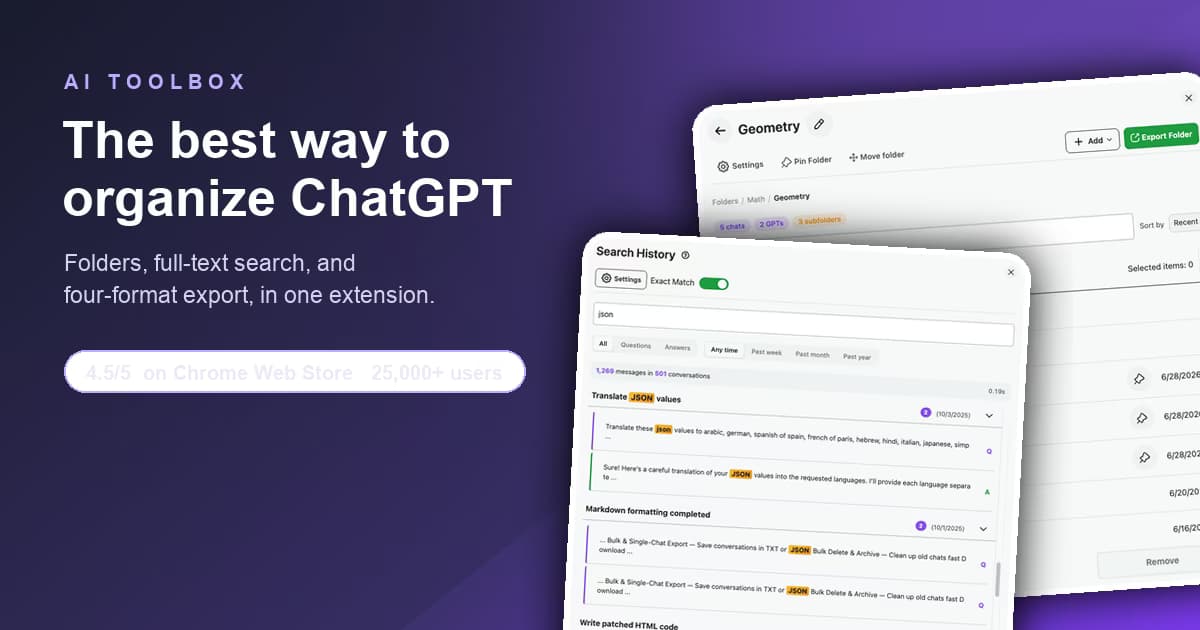 AI Toolbox ChatGPT organization features: folders, full-text search, and four-format export shown in the sidebar