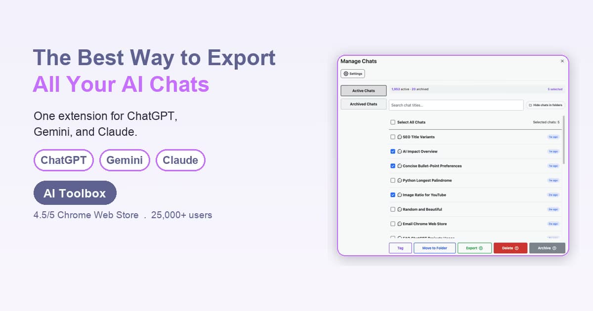 AI Toolbox Manage Chats export on ChatGPT, Gemini, and Claude side by side, the same export flow on every platform