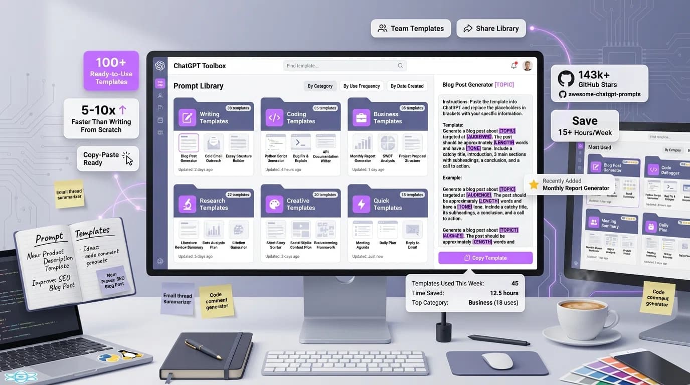 Organized prompt library interface showing ChatGPT Toolbox with categorized template folders (Writing, Coding, Business, Creative) and preview of ready-to-use prompt templates with placeholders. Professional workspace with laptop displaying structured template collection.