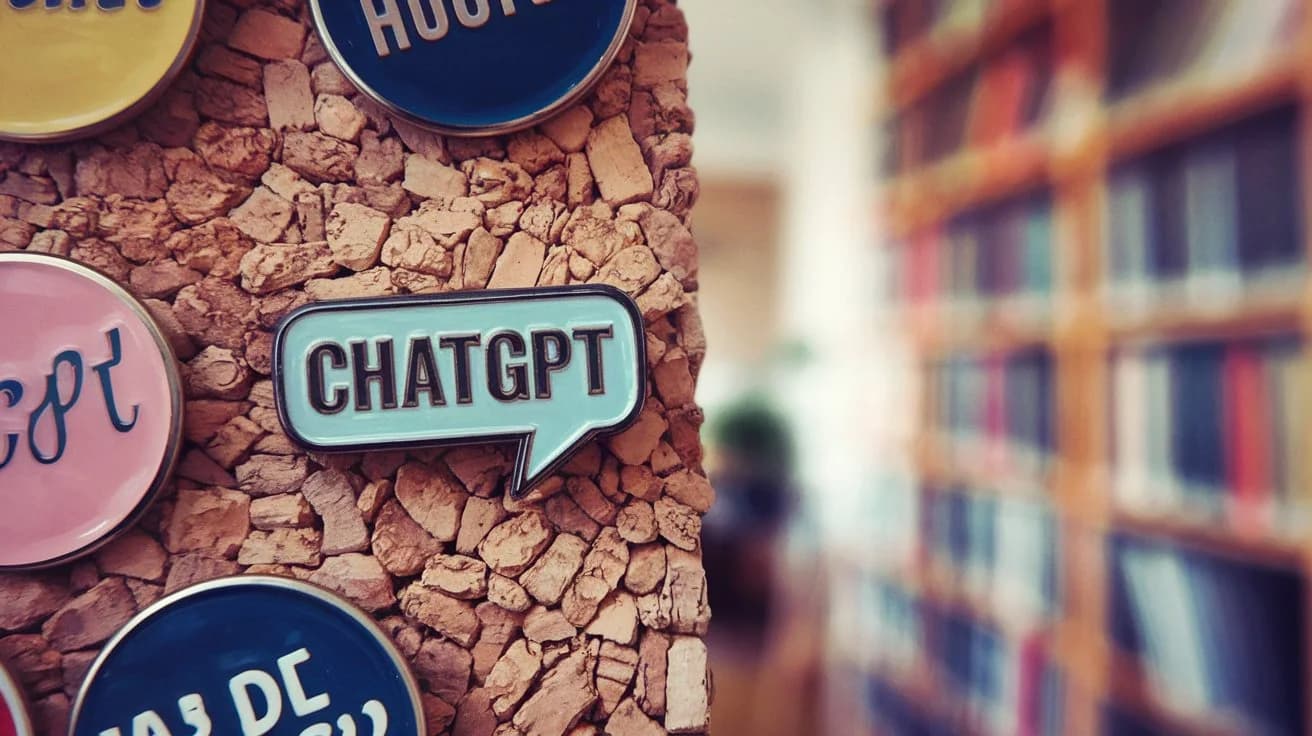 Main image: An image of a pin with the text "ChatGPT" on it. The pin is placed on a corkboard. There are other pins with various text on the corkboard. The background is blurred, revealing a room with bookshelves.
