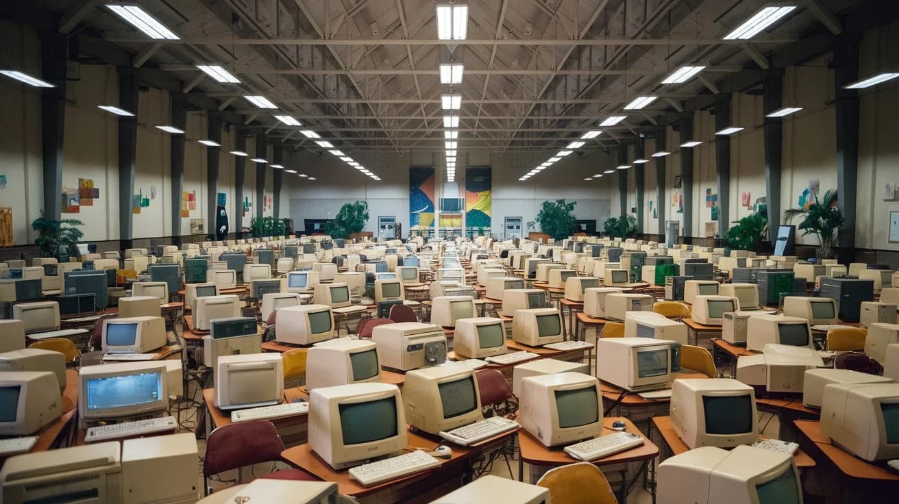 A cinematic shot of a large room filled with old-fashioned computers. The computers are arranged in rows, with a few empty seats scattered throughout. The room has a high ceiling and is illuminated by bright lights. There are a few plants and a few pieces of art on the walls.