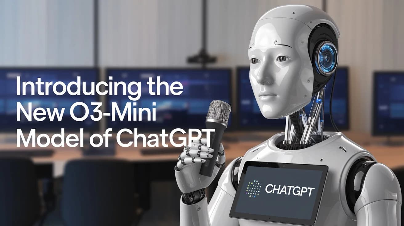 A blog post image with the text "Introducing the new O3-mini model of ChatGPT". There is an illustration of a robot with a human-like face holding a microphone in a conference room setting.