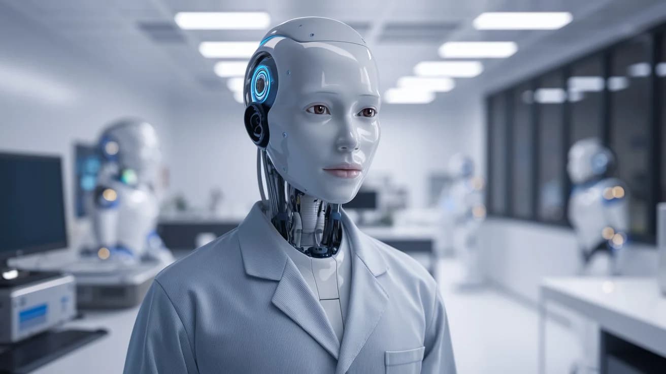 An illustration of a duel between ChatGPT and Grok, two AI characters. ChatGPT is a robot with a human-like face and is wearing a lab coat. Grok is a robot with a round body and multiple eyes. They are standing in a room with a neon sign that says "AI Lab". There is a table between them, and they are each holding a glowing energy sword. The background is dark and has a few futuristic-looking devices.