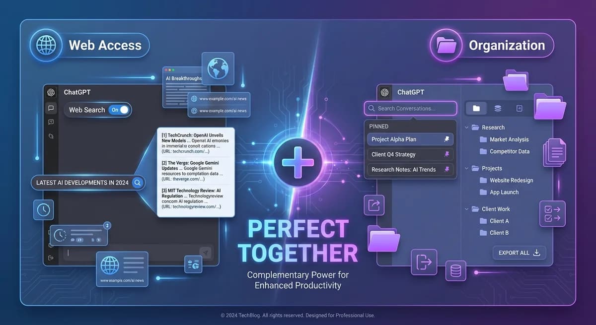 Side-by-side comparison showing WebChatGPT fetching web results and ChatGPT Toolbox organizing conversations in folders