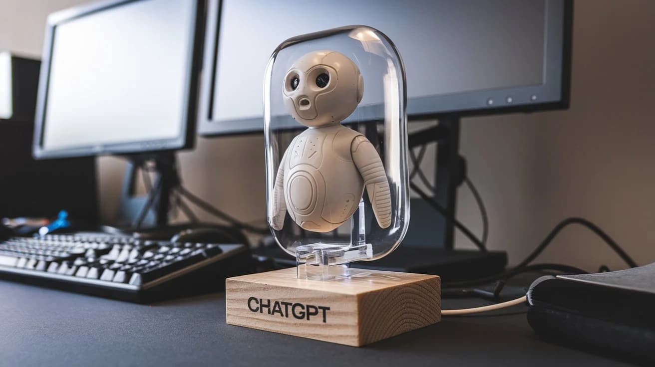 A photo of a ChatGPT o1 model with a transparent body and a wooden base. The model is placed on a workstation with multiple computer monitors and a keyboard. The background is a neutral color.
