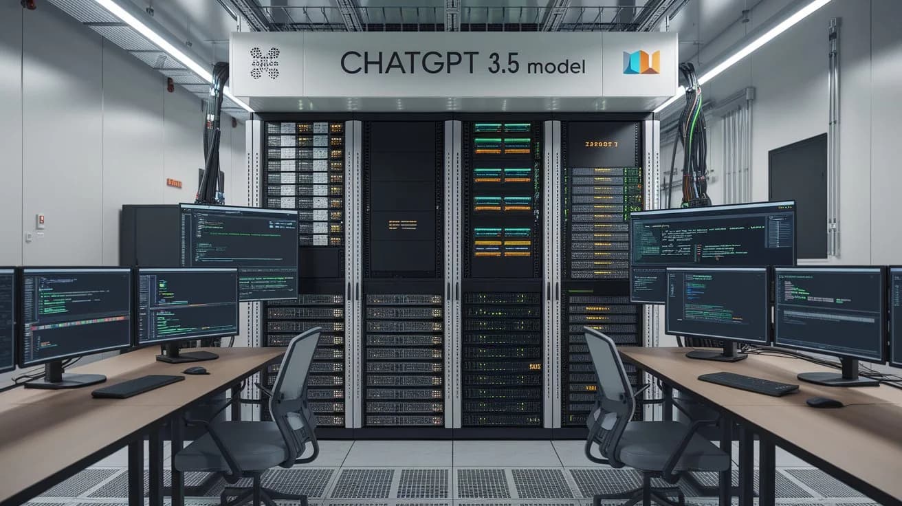 A photo of the ChatGPT 3.5 model, a large language model developed by OpenAI. The model is housed in a server room with multiple racks of servers. There are also several monitors displaying complex code. The room has a modern design with a few chairs and a table. The walls are painted white.