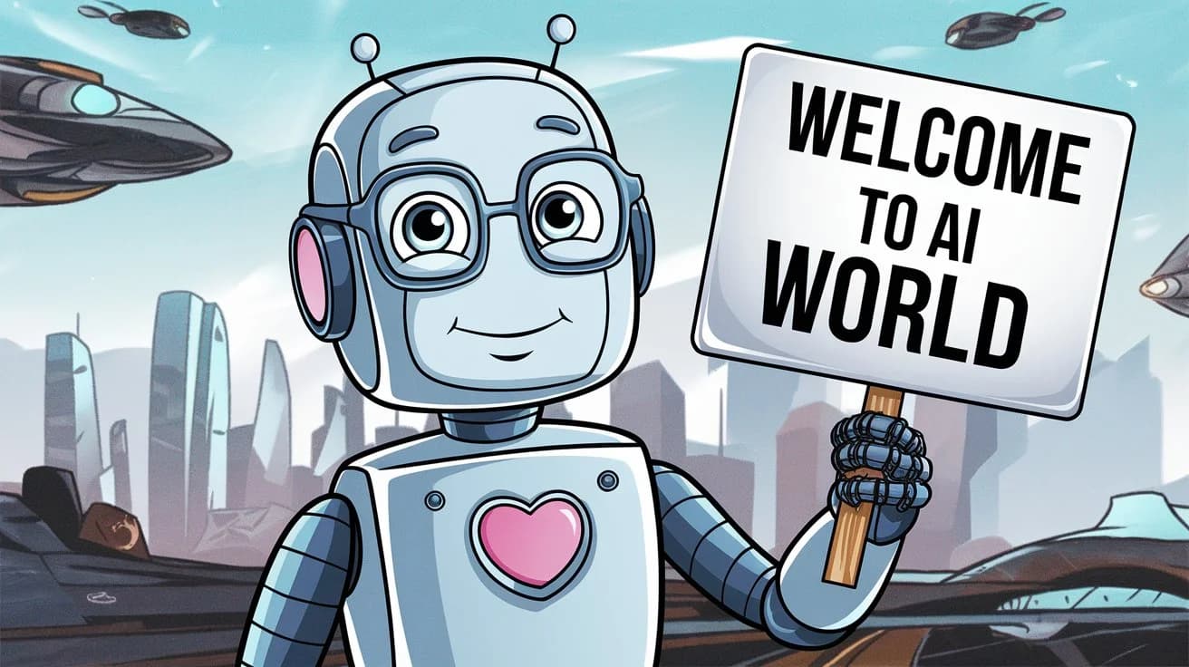 An illustration of a cartoon AI robot with a friendly face. The robot is wearing glasses and has a pink heart on its chest. The robot is holding a sign that says "Welcome to AI World". The background is a futuristic city with skyscrapers and flying vehicles.