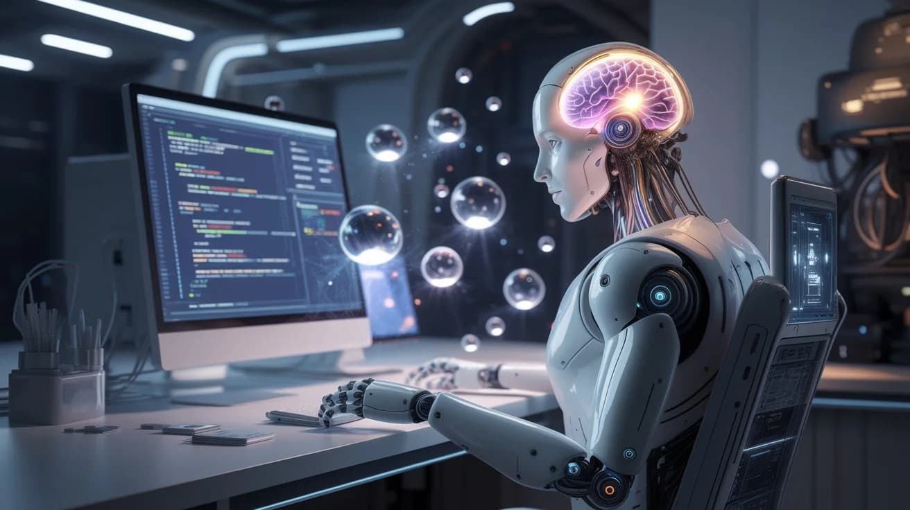 An illustration of a cartoon AI robot with a friendly face. The robot is wearing glasses and has a pink heart on its chest. The robot is holding a sign that says "Welcome to AI World". The background is a futuristic city with skyscrapers and flying vehicles.