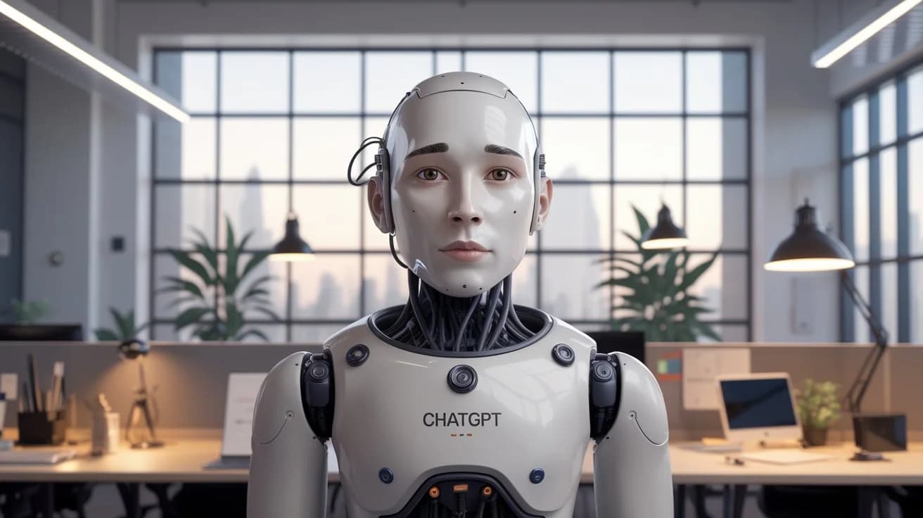 A cinematic medium shot of ChatGPT 4.5 model. It is a state-of-the-art language model by OpenAI, with a highly advanced architecture that can understand and generate human-like text. The model is shown in a clean, modern office setting with a large window behind it. The background contains various office elements such as plants, a whiteboard, and a lamp.