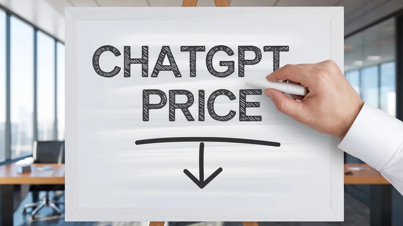 A digital illustration of a white chalkboard with the text "ChatGPT price". There's a hand with a white shirt drawing a downward arrow under the "ChatGPT price". The background is a modern office setting with a window, a desk, and a chair.