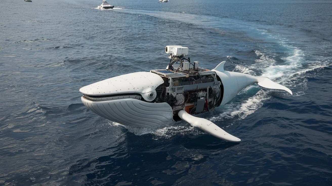 A photo of a large, white AI robot whale in the ocean. The whale is made of metal and has multiple cameras and sensors on its body. It is swimming in the water, leaving a white trail behind it. The background contains a few small boats.