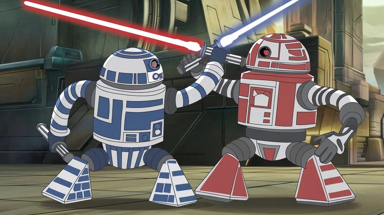 A cartoon-style medium shot of two robots fighting in a Star Wars setting. One robot is a droid with a blue and white striped pattern. The other robot is a droid with a red and white striped pattern. The robot with a blue and white striped pattern is holding a red lightsaber. The robot with a red and white striped pattern is holding a blue lightsaber. The background contains a futuristic city with tall buildings.