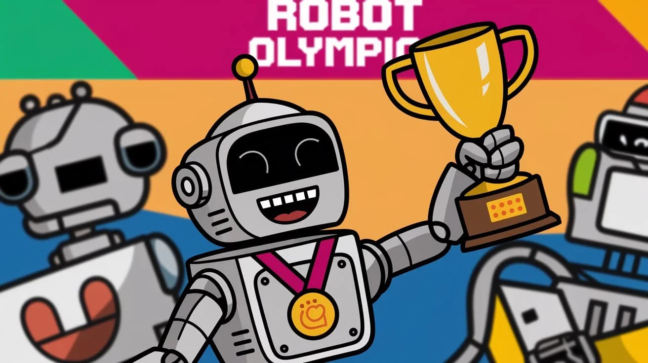 A cartoon style illustration of a happy and friendly robot winning a competition. The robot is holding a trophy and has a medal around its neck. The background contains other robots and a banner that says "Robot Olympics". The overall image has a vibrant color palette.