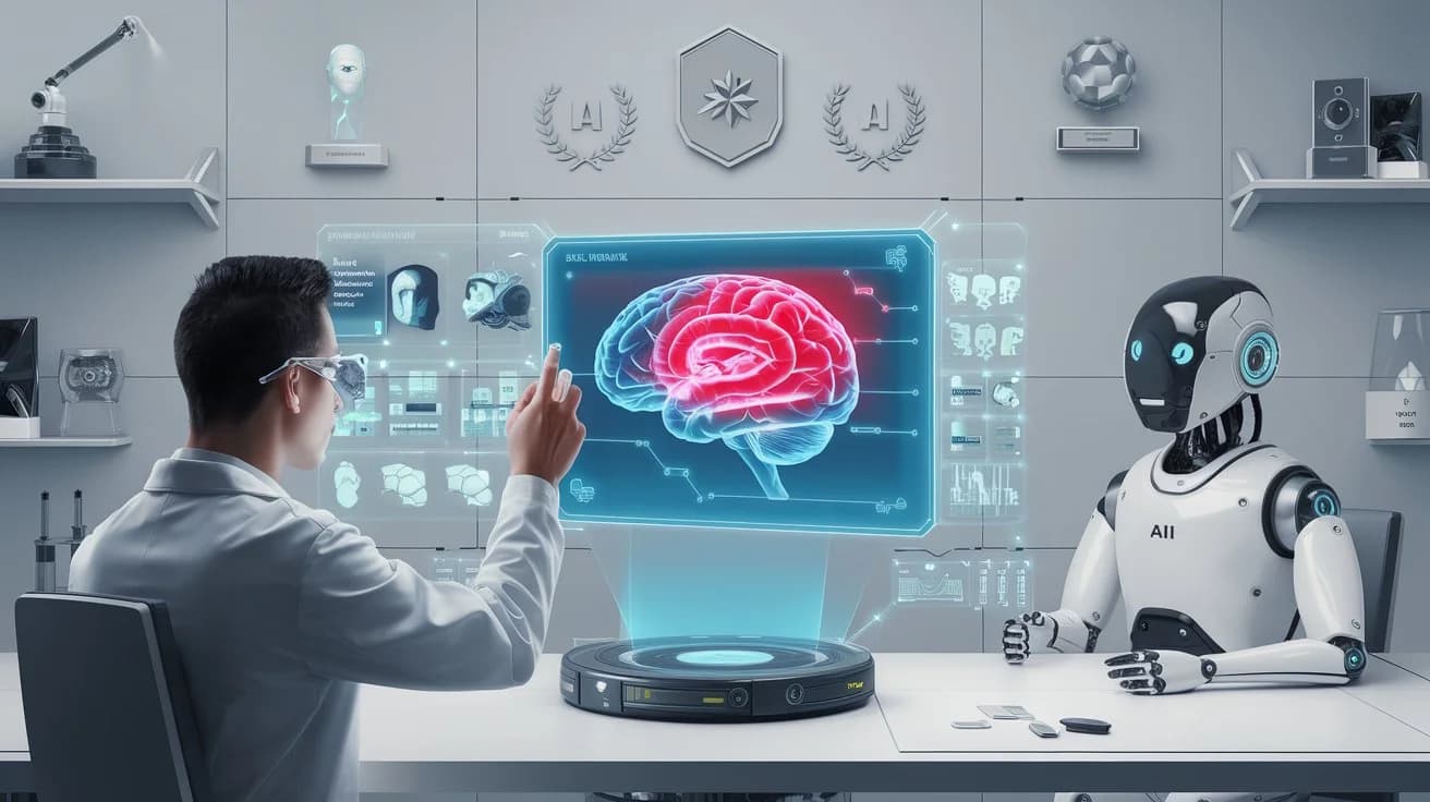 A futuristic laboratory setting with a scientist adjusting a holographic interface. The interface displays a 3D model of a brain with red and blue areas. There's a AI robot with a camera for a head. The walls are adorned with various scientific equipment and awards.