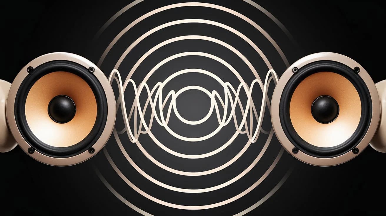A photo of a pair of speakers emitting sound waves. The speakers are beige in color and have a circular design. The sound waves are visualized as concentric circles radiating outwards from the speakers. The background is dark.
