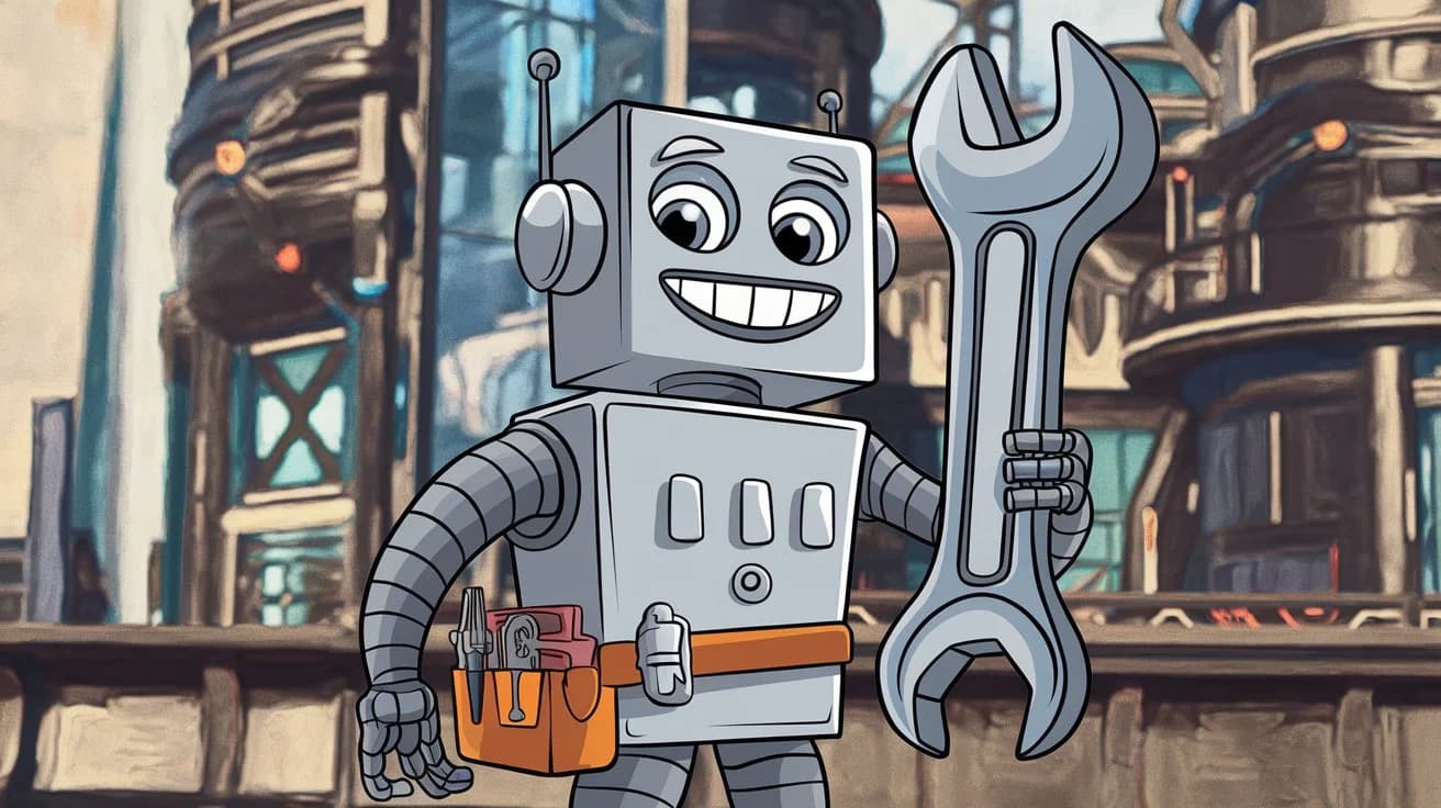 A cartoon of a robot with a toolkit around its hip. The robot is holding a large wrench and has a smiley face. The background is a futuristic city with buildings made of metal and glass.