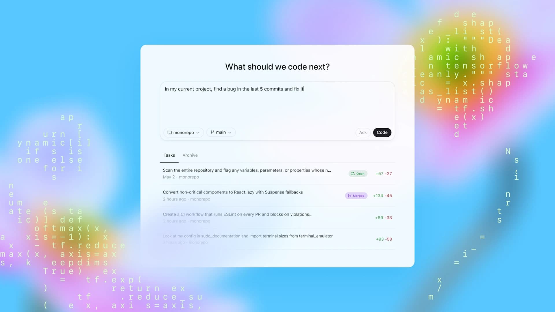 Dashboard asking ‘What should we code next?’ with a prompt box, repo/branch selectors, and a task list on a pastel code-themed backdrop.